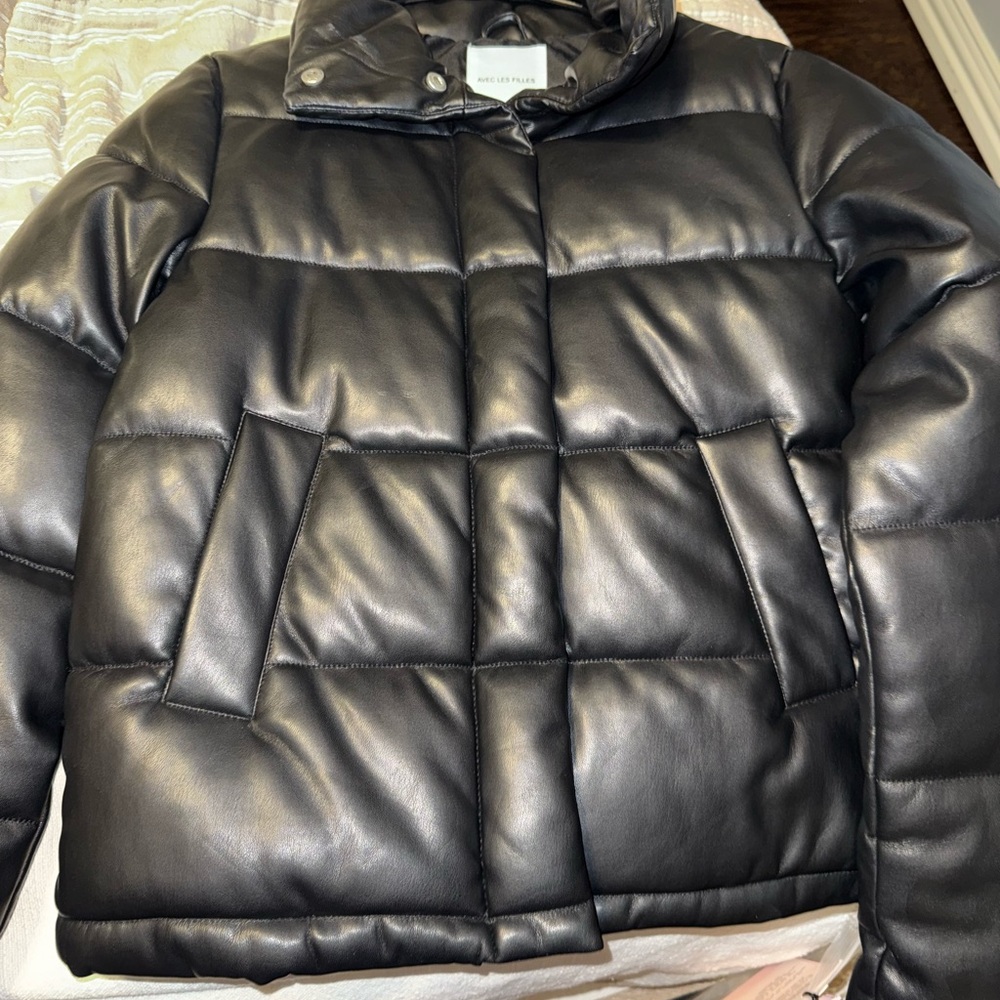 Avec Les Filles Black Leather Puffer Jacket